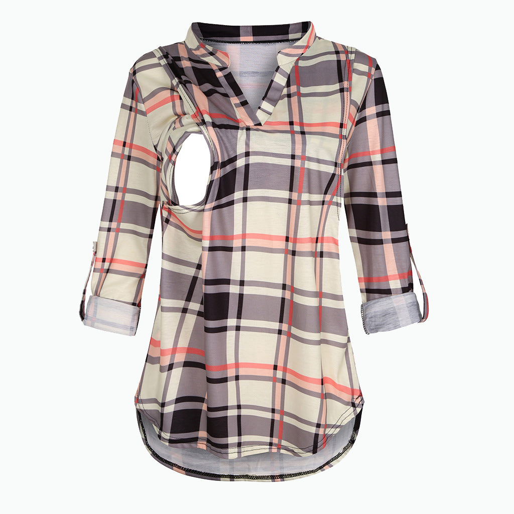 Viviana™ Plaid Printed Pregnant Woman Breastfeeding V-neck Long Sleeve Top