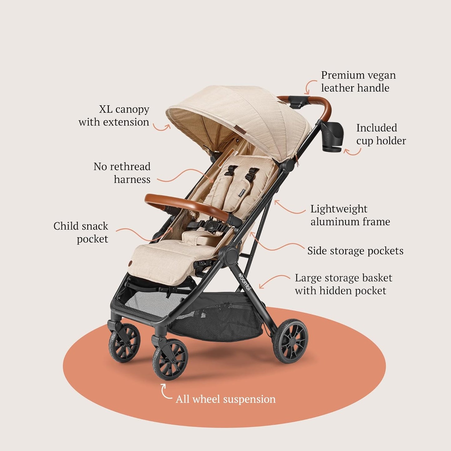 LittleMaylah™ Lightweight Baby Stroller - Premium Vegan Leather, One-Hand Fold, Infinite Recline, Aircraft-Grade Aluminum Frame, XXL Canopy, and Ample Storage Umbrella Stroller - Hickory