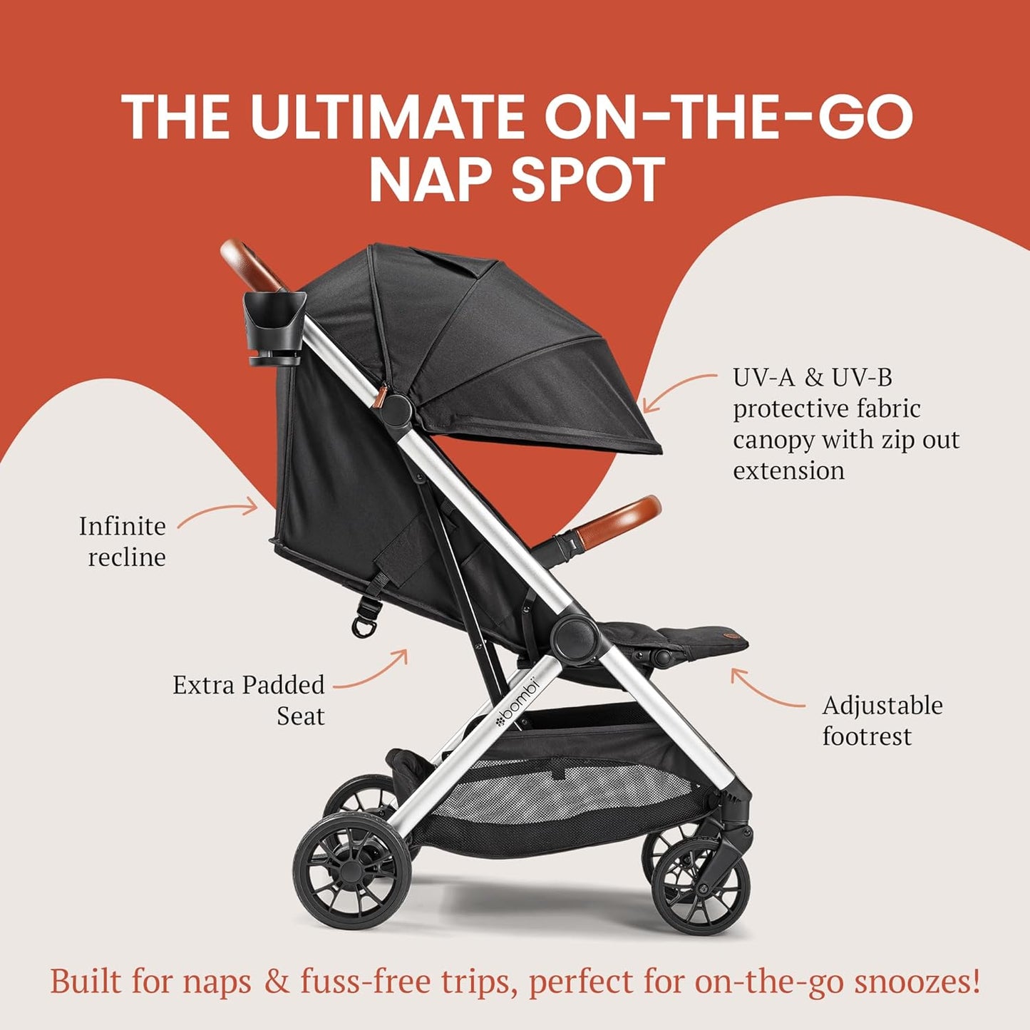 LittleMaylah™ Lightweight Baby Stroller - Premium Vegan Leather, One-Hand Fold, Infinite Recline, Aircraft-Grade Aluminum Frame, XXL Canopy, and Ample Storage Umbrella Stroller - Hickory