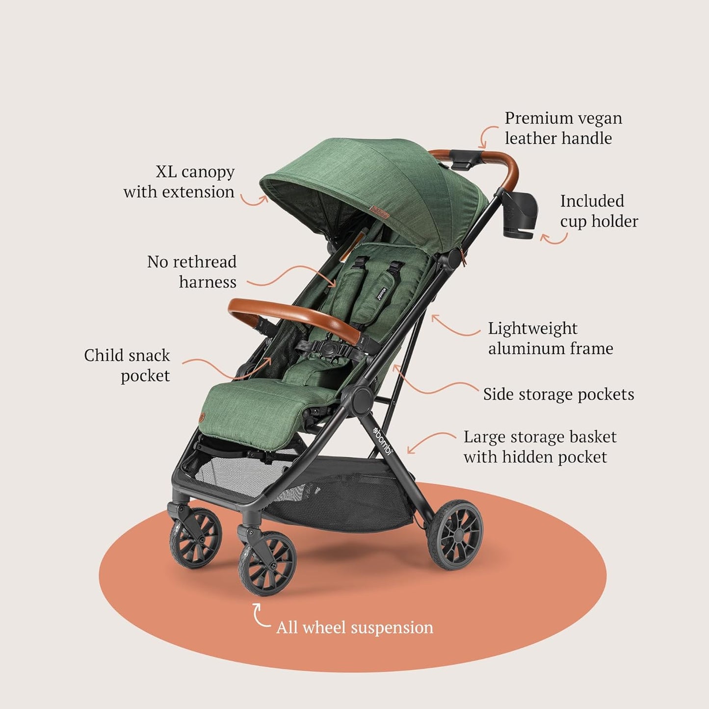 LittleMaylah™ Lightweight Baby Stroller - Premium Vegan Leather, One-Hand Fold, Infinite Recline, Aircraft-Grade Aluminum Frame, XXL Canopy, and Ample Storage Umbrella Stroller - Hickory