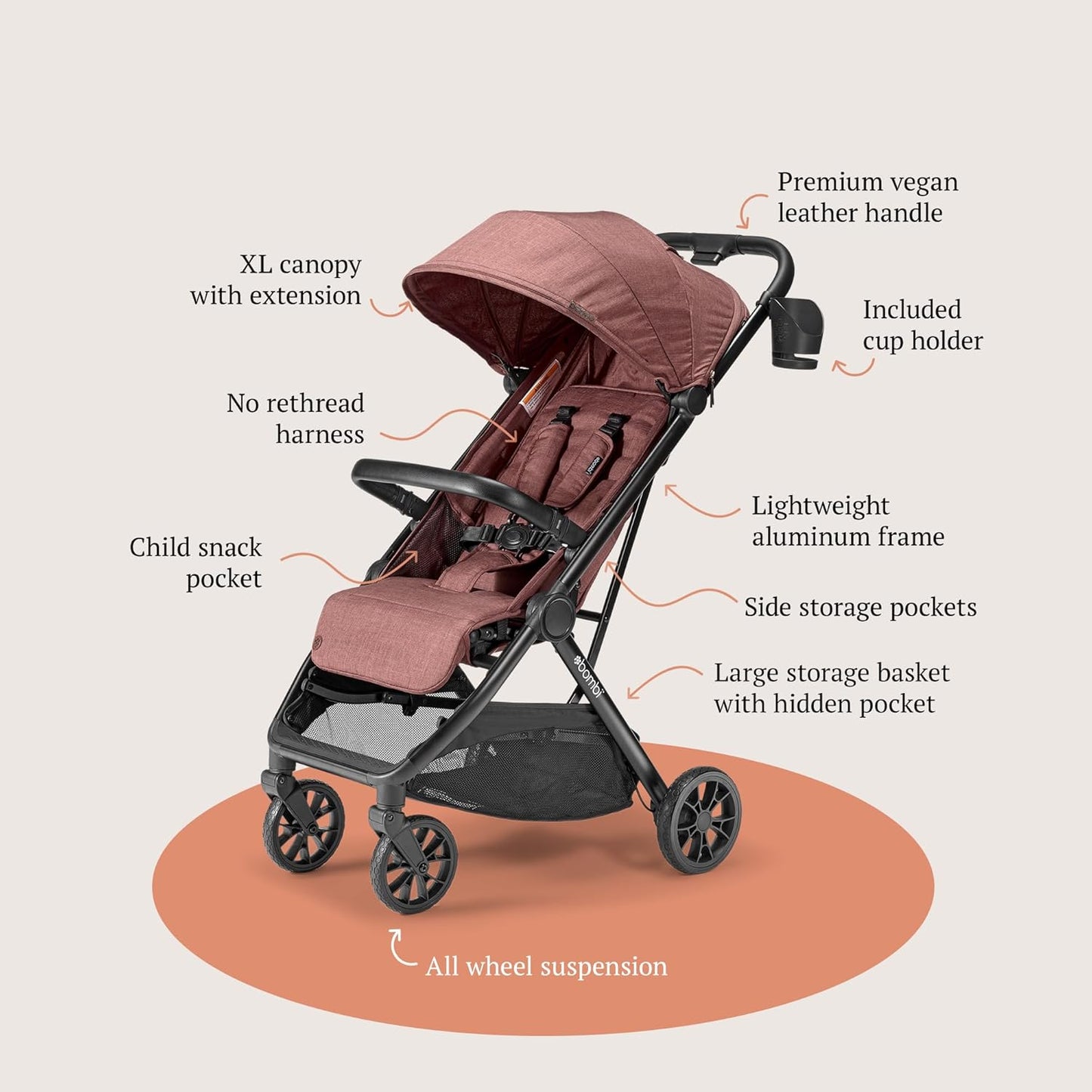 LittleMaylah™ Lightweight Baby Stroller - Premium Vegan Leather, One-Hand Fold, Infinite Recline, Aircraft-Grade Aluminum Frame, XXL Canopy, and Ample Storage Umbrella Stroller - Hickory