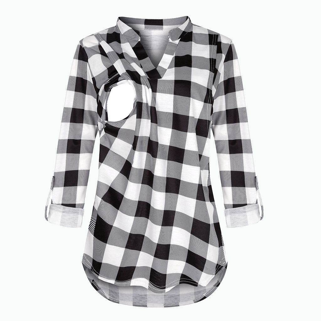Viviana™ Plaid Printed Pregnant Woman Breastfeeding V-neck Long Sleeve Top