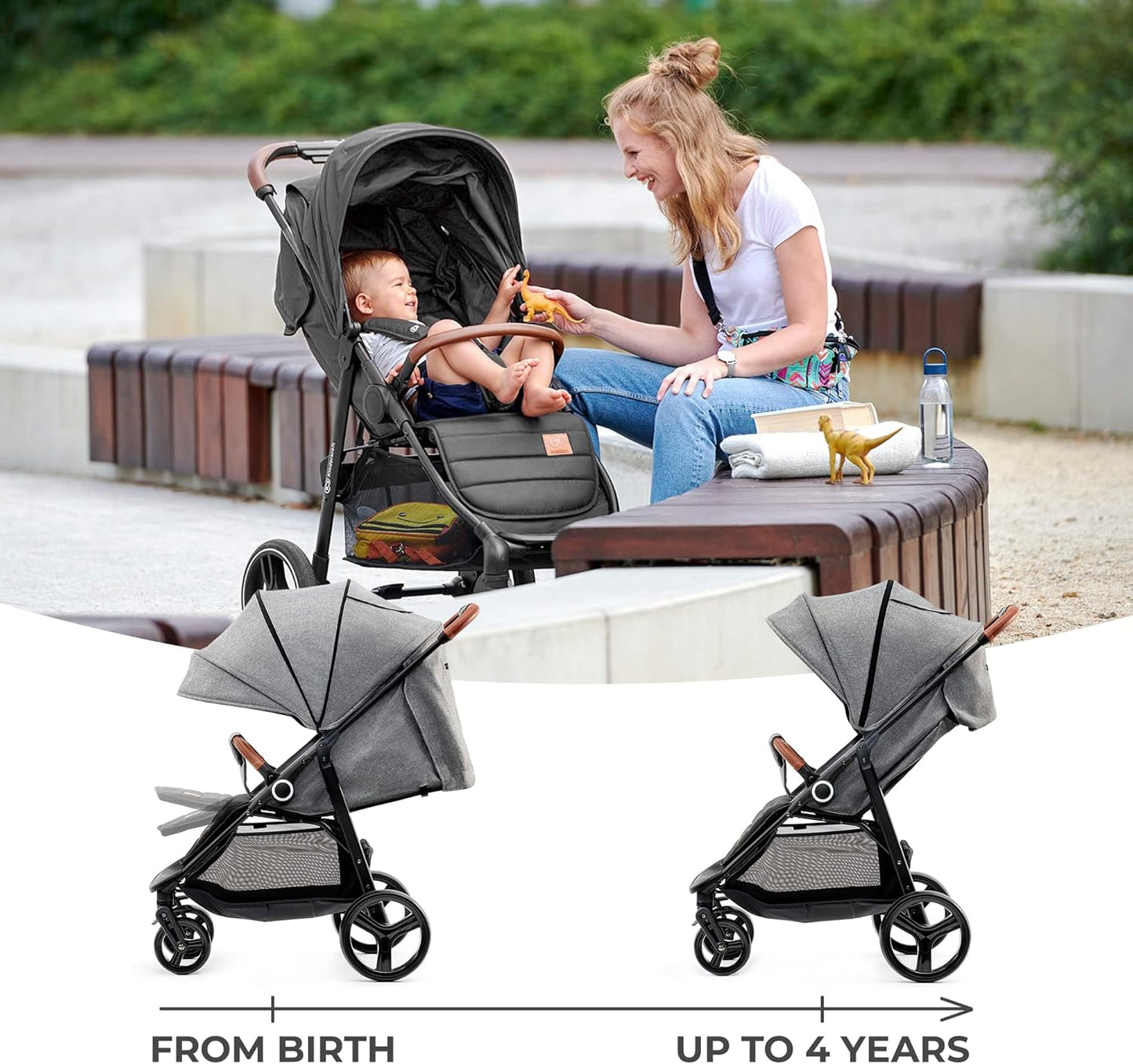Kinderkraft GRANDE PLUS Stroller pushchair for toddlers from Birth to 22 kg, Extra-large hood, Lie-flat position, Folding with one hand, Shock absorption on all wheels, Black