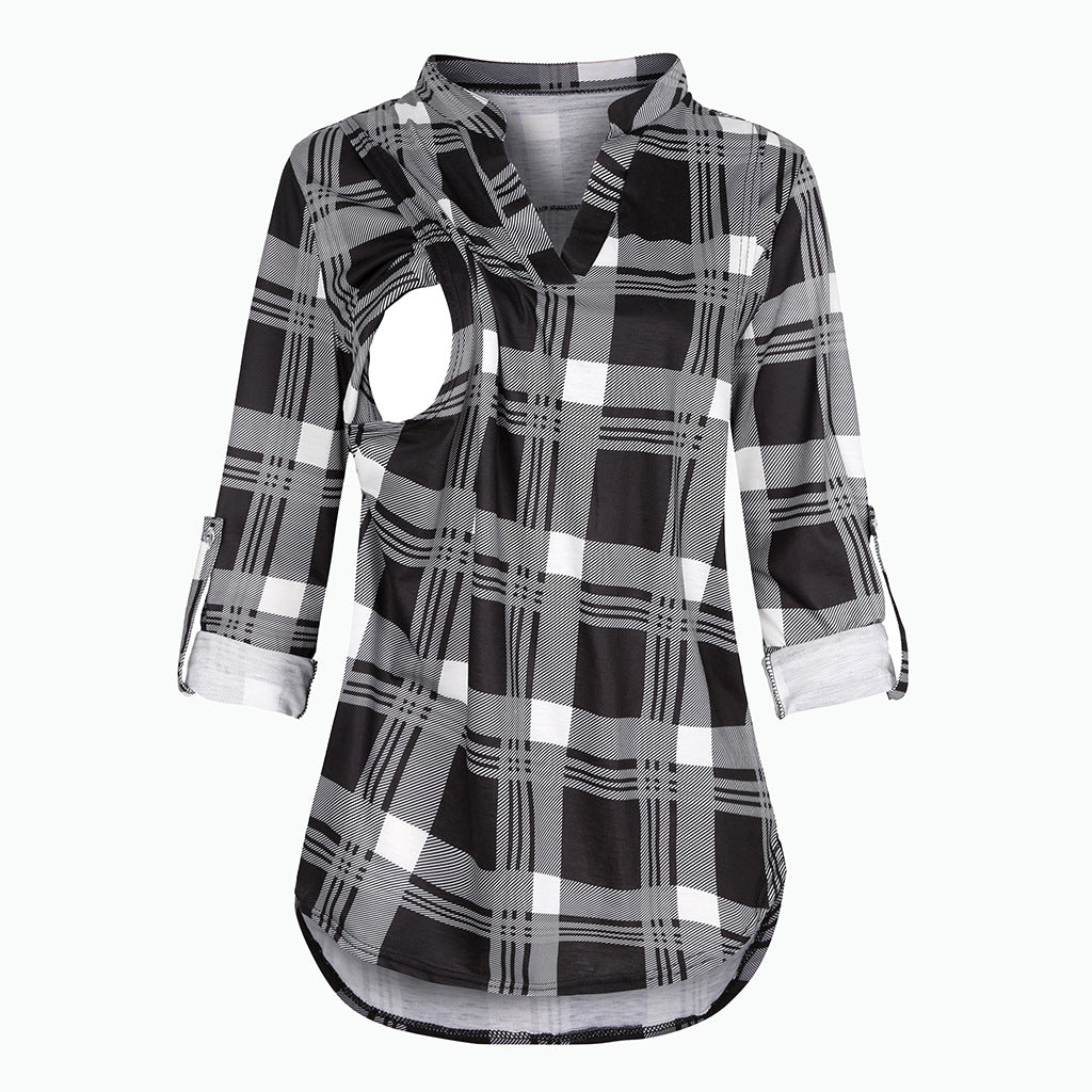Viviana™ Plaid Printed Pregnant Woman Breastfeeding V-neck Long Sleeve Top