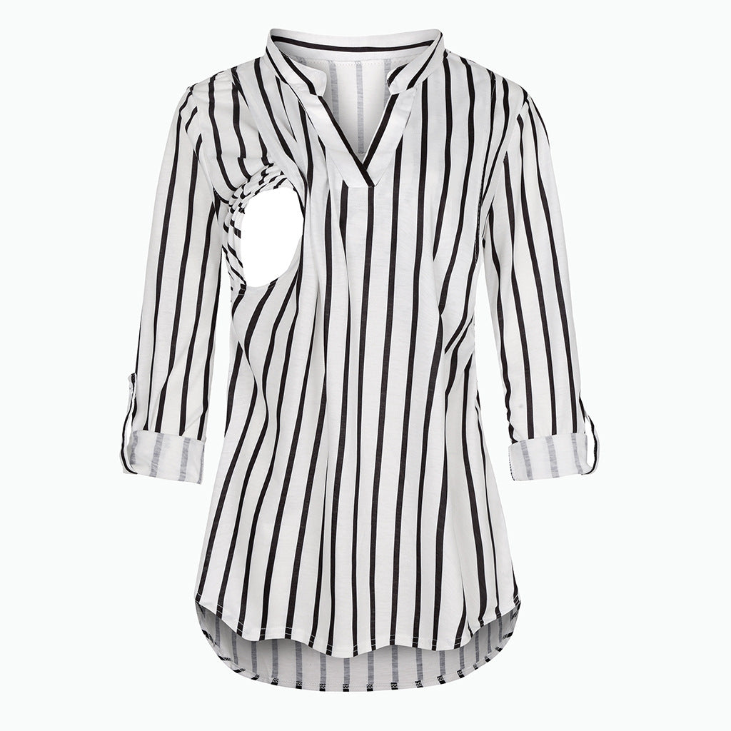 Viviana™ Plaid Printed Pregnant Woman Breastfeeding V-neck Long Sleeve Top
