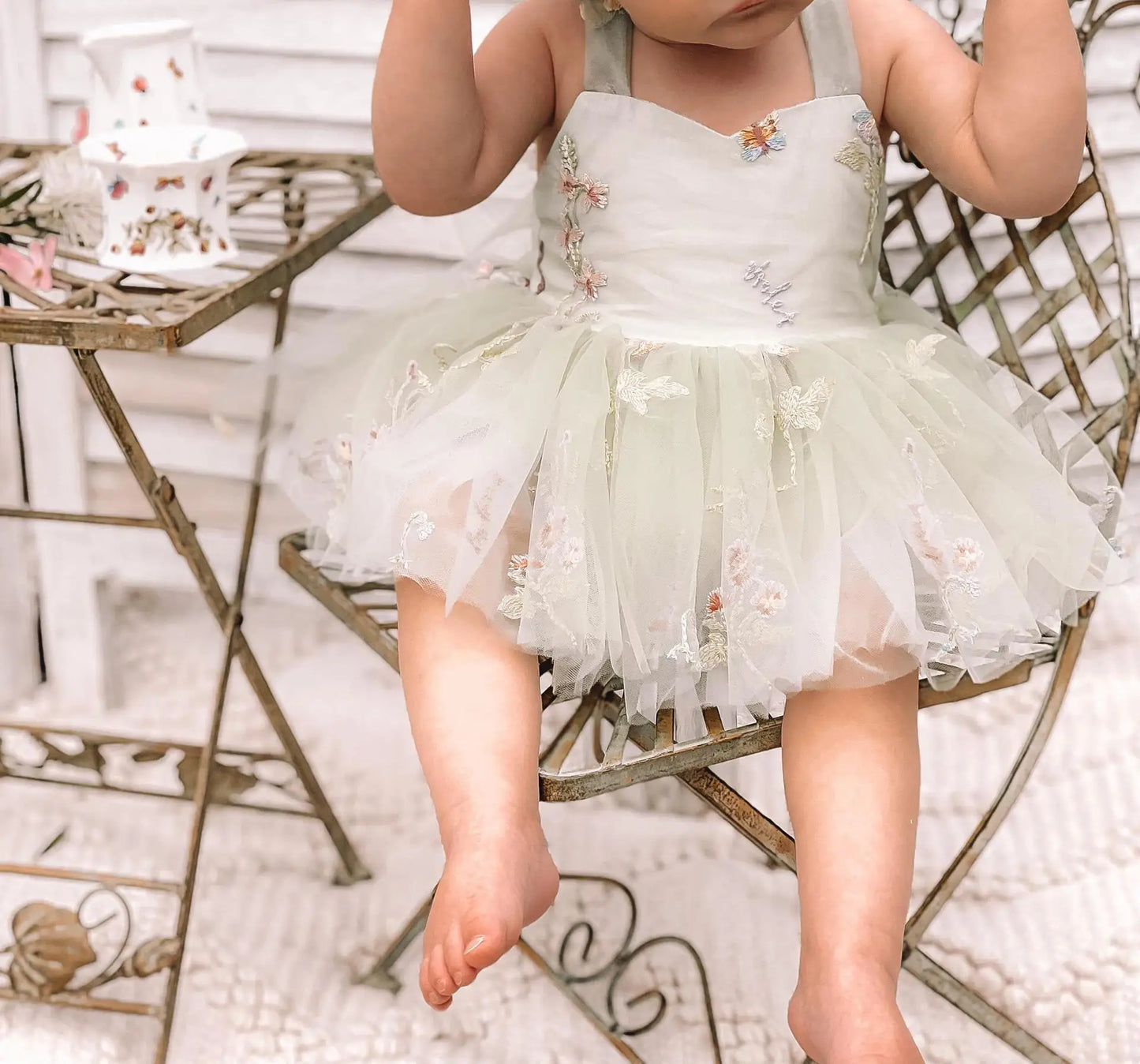 LittleMaylah Floral Embroidered Tulle Kids Party Wear Sweet Girl Romper Dress
