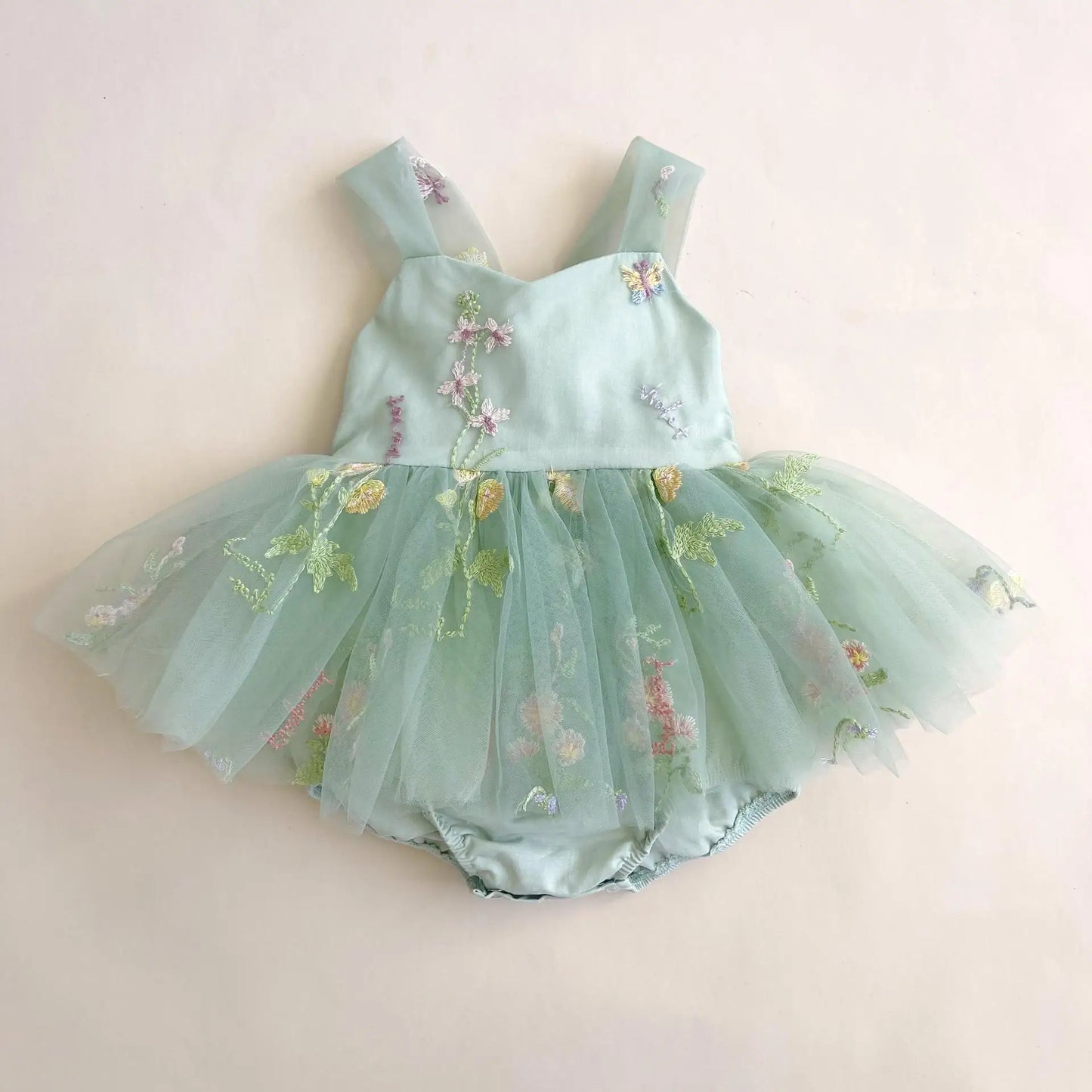 LittleMaylah Floral Embroidered Tulle Kids Party Wear Sweet Girl Romper Dress