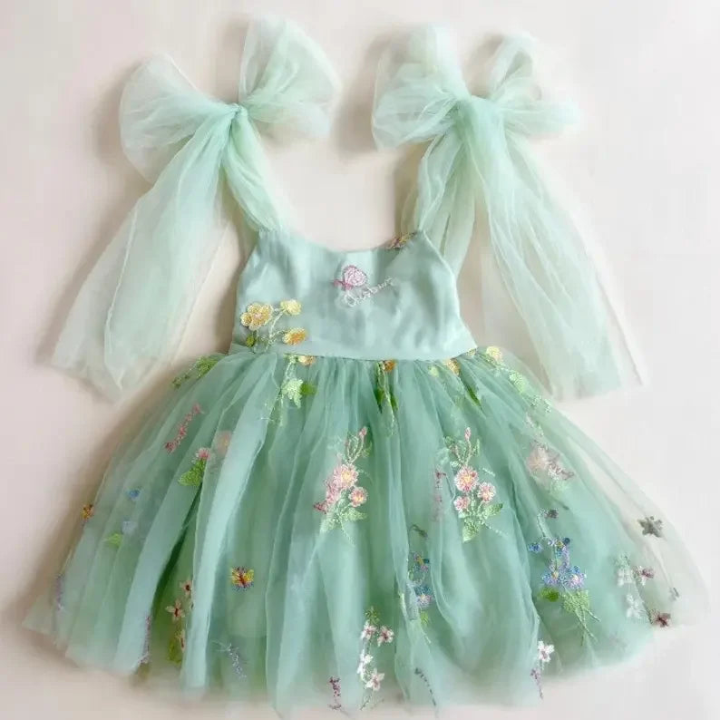 LittleMaylah Floral Embroidered Tulle Kids Party Wear Sweet Girl Romper Dress