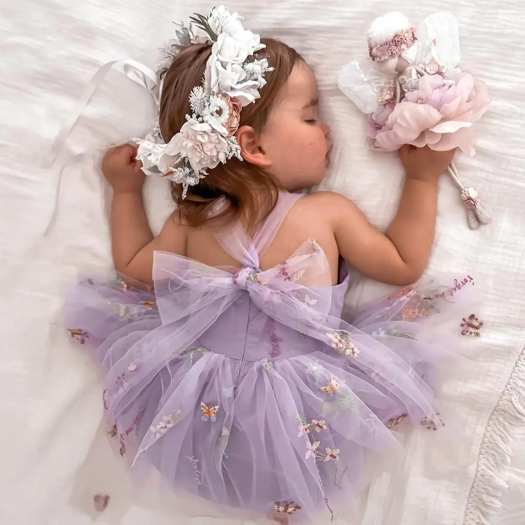 LittleMaylah Floral Embroidered Tulle Kids Party Wear Sweet Girl Romper Dress