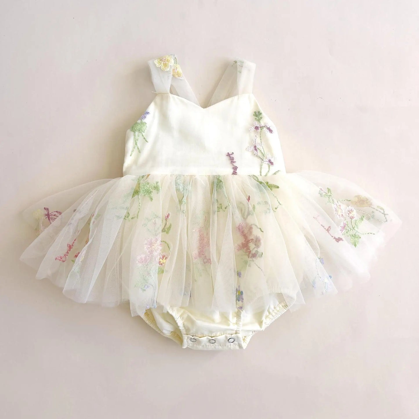 LittleMaylah Floral Embroidered Tulle Kids Party Wear Sweet Girl Romper Dress