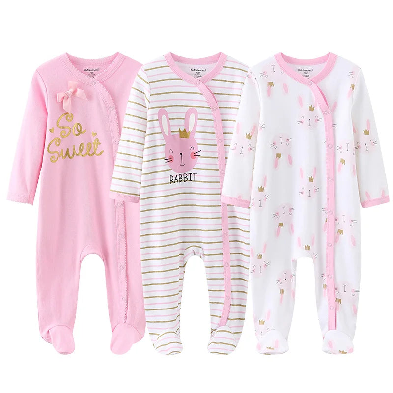LittleMaylah™ 3pcs Baby Rompers – 100% Cotton, Long Sleeve, Solid Color Newborn Outfit Set (0-12M)