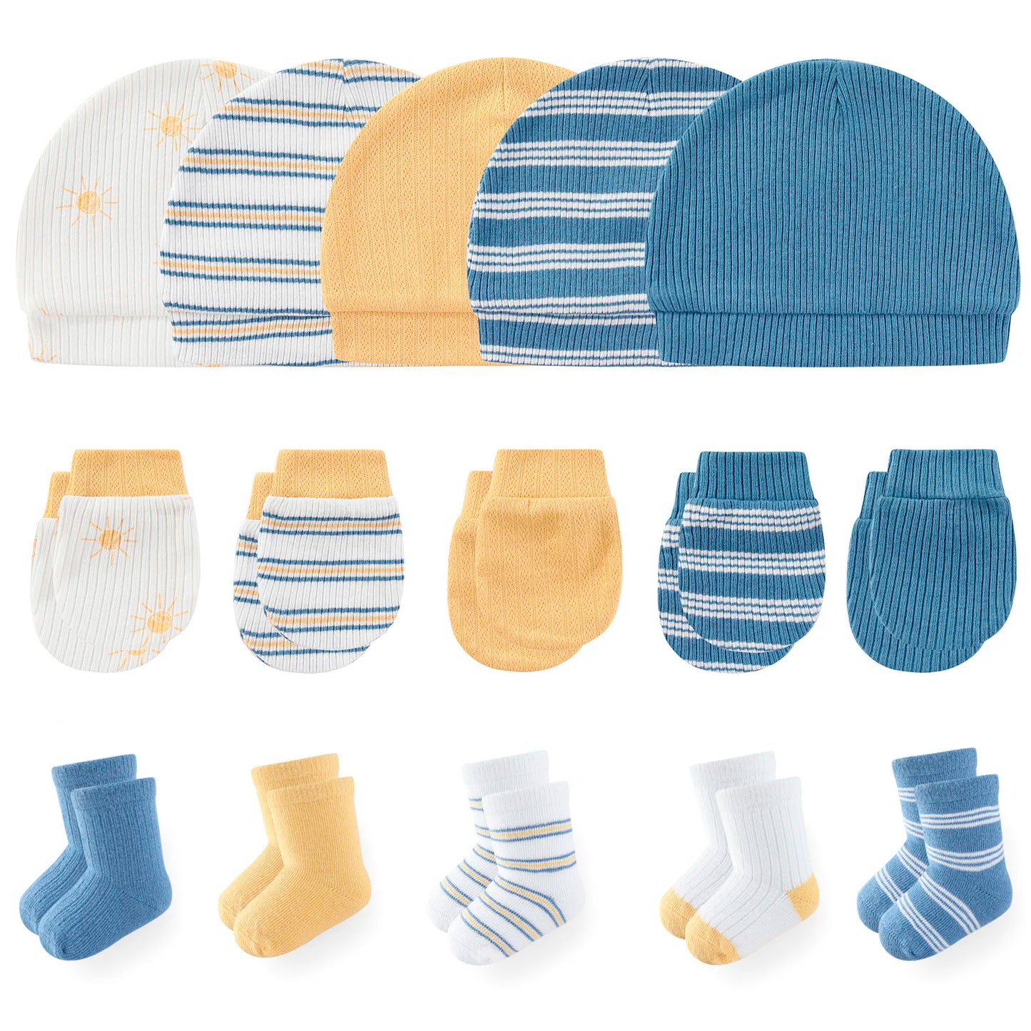 LittleMaylah™ 15-Piece Newborn Baby Accessories Set – 100% Cotton Hats, Gloves & Socks with Cartoon Prints (0-6M, Unisex)