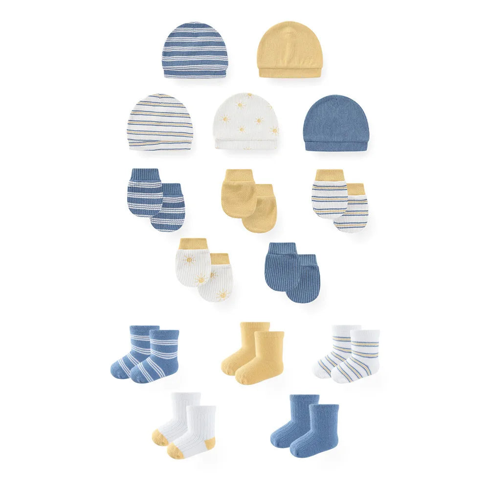 LittleMaylah™ 15-Piece Newborn Baby Accessories Set – 100% Cotton Hats, Gloves & Socks with Cartoon Prints (0-6M, Unisex)