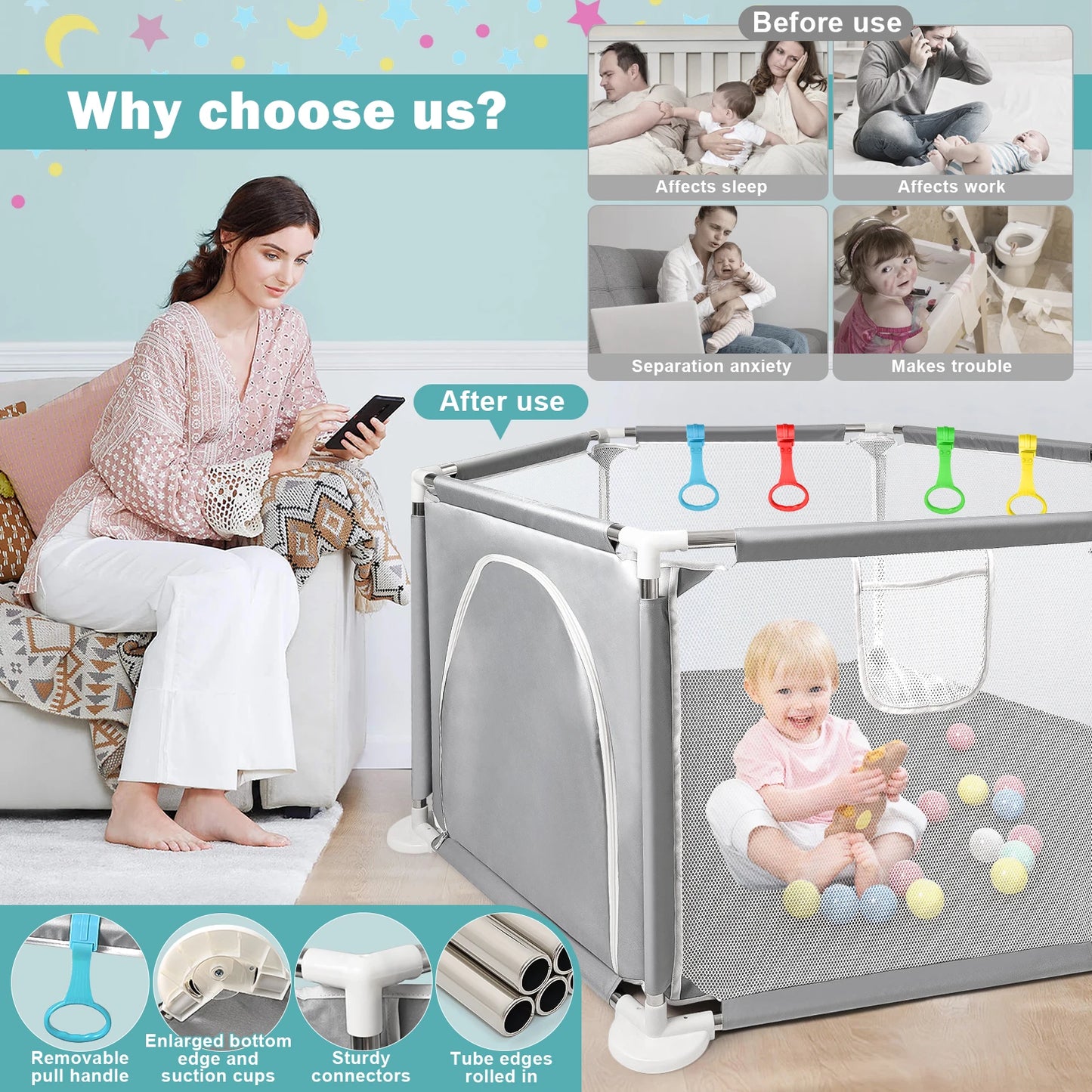 Baby Playpen for Baby and Toddlers, Sturdy Six Sides Play Pen with Breathable Mesh, Kids Activity Play Fence for Indoor Outdoor