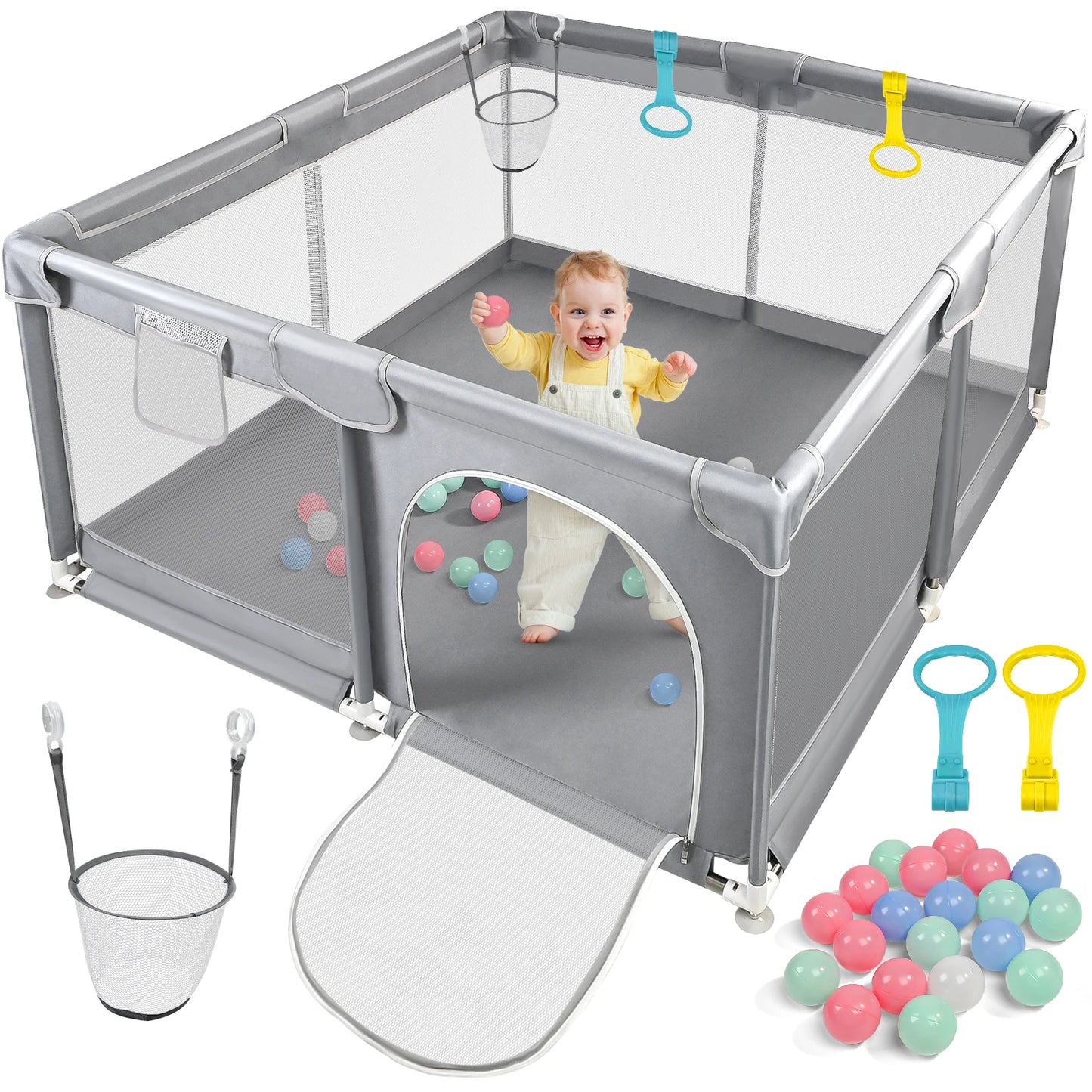 Baby Playpen 128×128×68 cm with Anti-Collision Foam, Baby Fence with Breathable Mesh Indoor Outdoor Play Yard for Babies and Tod