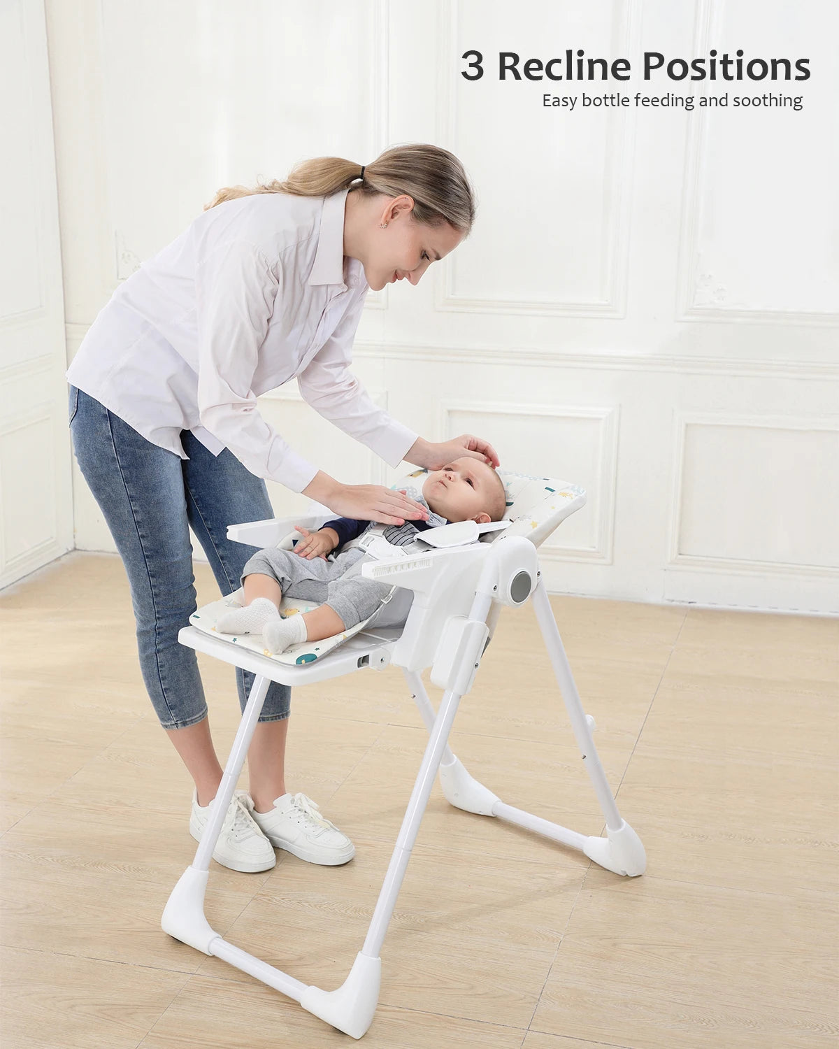 Baby Highchair 6 Months Plus Baby Eating High Chair with Foldable, Reclining, Double Tray, Easy Clean Feeding Highchair