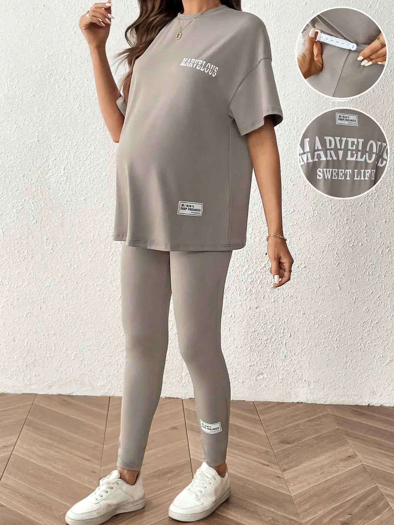 Gray casual pregnant women large size round neck short sleeve nine-point pants home two-piece set