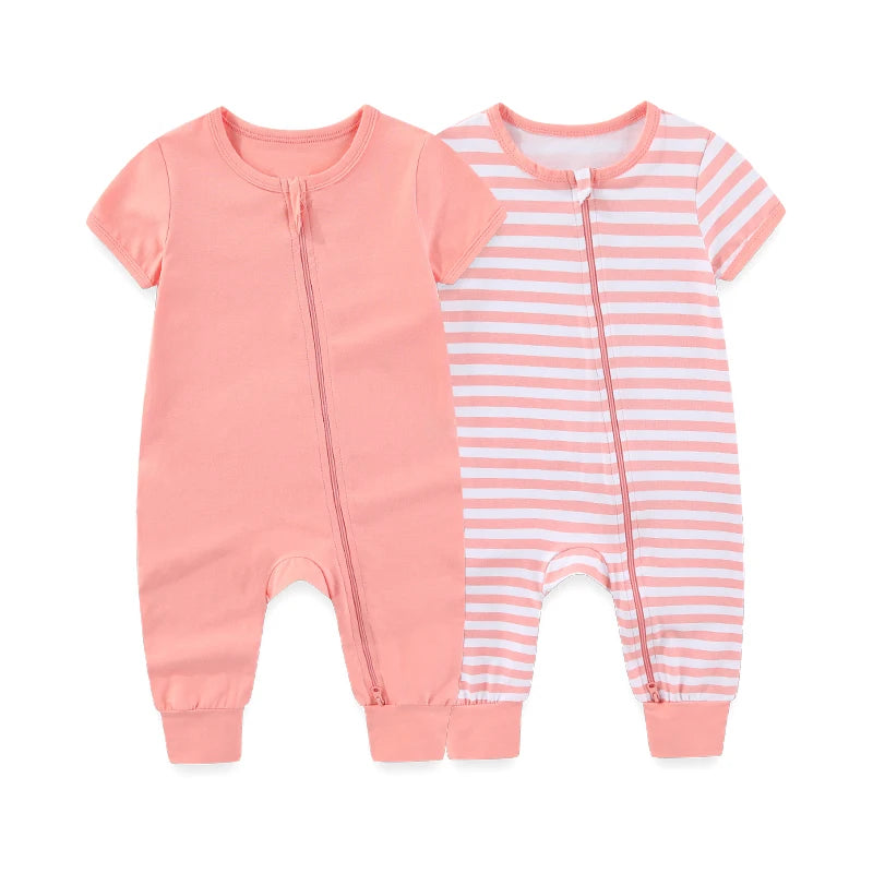LittleMaylah™ 2-Piece Baby Romper Set – Solid Short Sleeve Cotton Zipper Jumpsuits (Unisex)