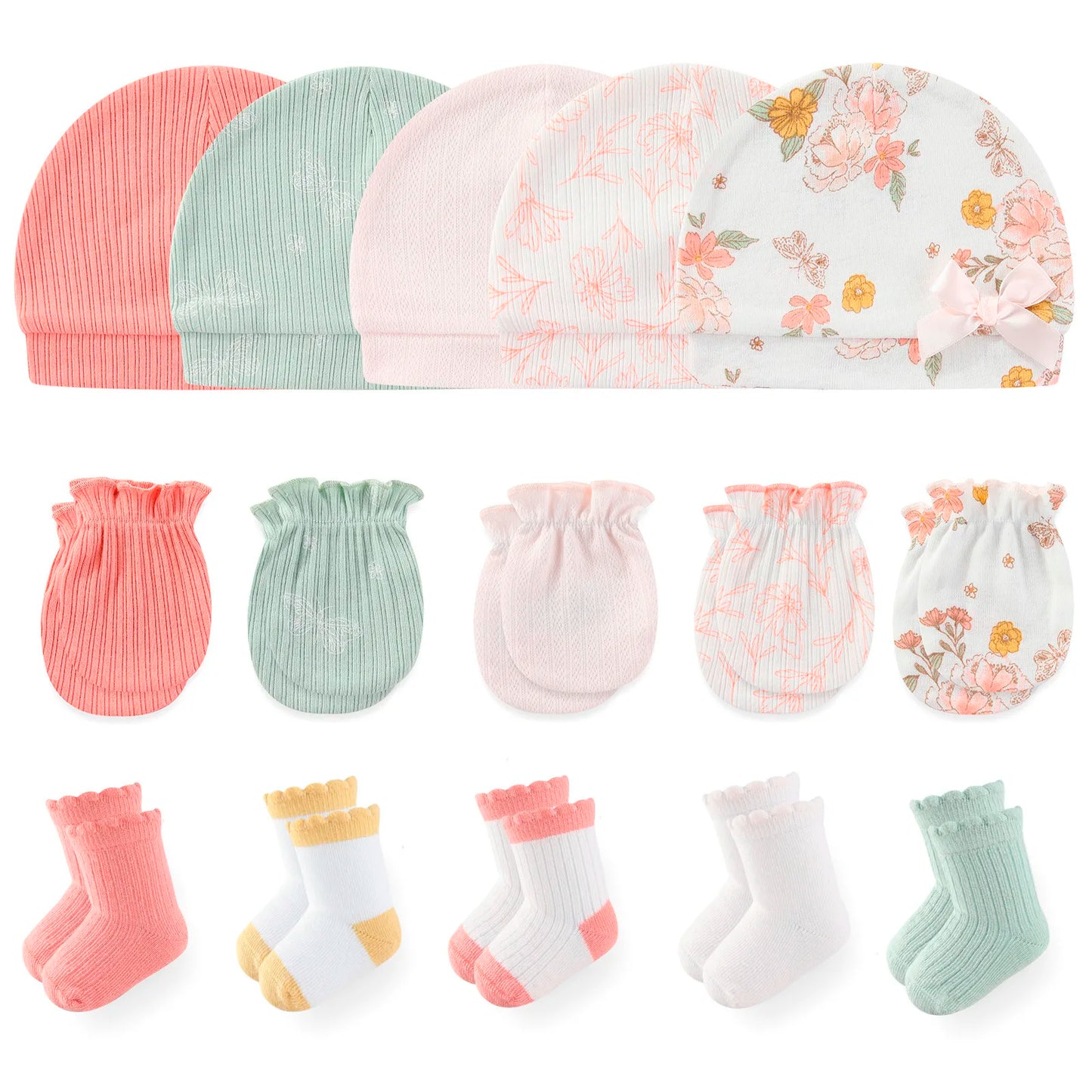 LittleMaylah™ 15-Piece Newborn Baby Accessories Set – 100% Cotton Hats, Gloves & Socks with Cartoon Prints (0-6M, Unisex)
