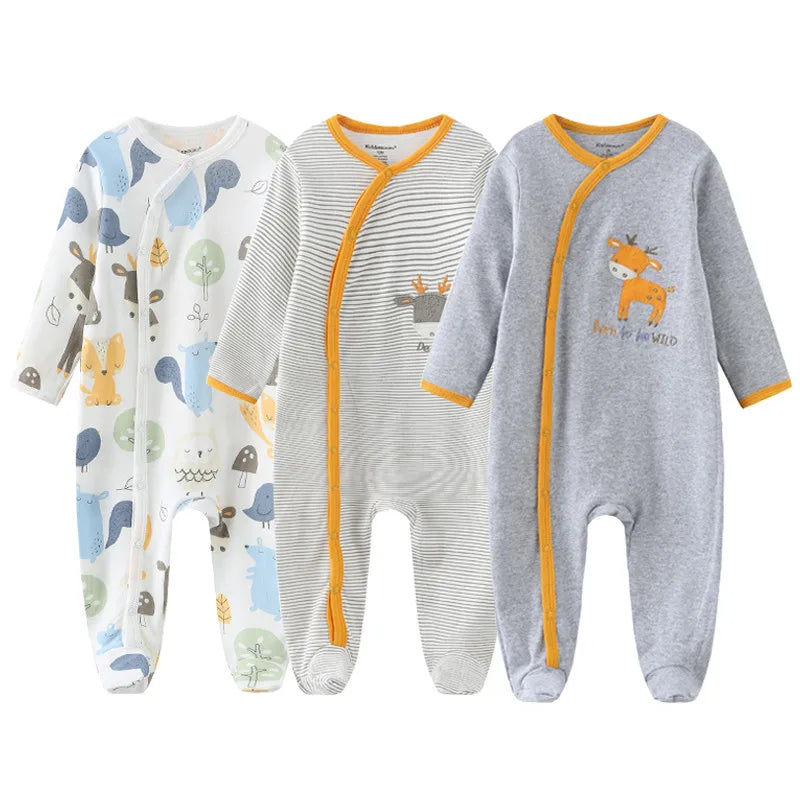 LittleMaylah™ 3pcs Baby Rompers – 100% Cotton, Long Sleeve, Solid Color Newborn Outfit Set (0-12M)