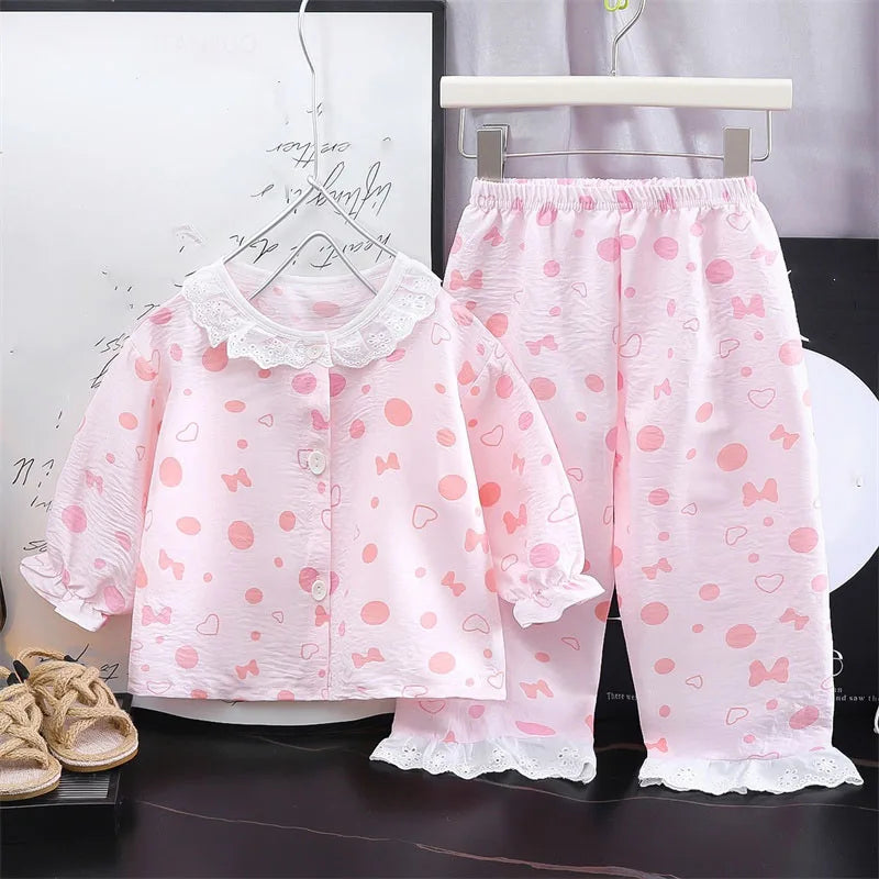 LittleMaylah™ Girls Kids Home Clothes Set – Loose Thin Pajamas with Lace & Floral Design
