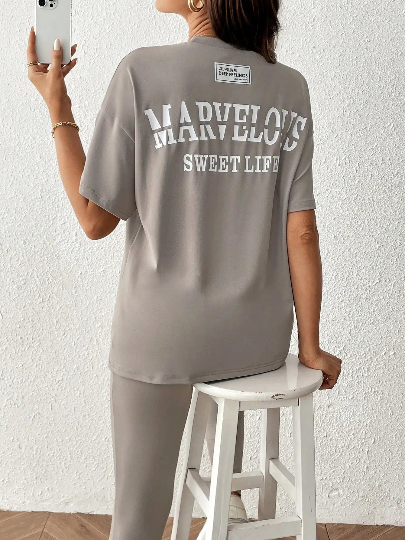 Gray casual pregnant women large size round neck short sleeve nine-point pants home two-piece set