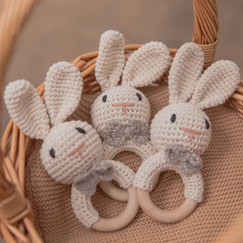 LittleMaylah™ Baby Crochet Rattle Wooden Teether Toy BPA Free Wood Rodent Rabbit Rattle Baby Mobile Play Gym Newborn Educational Music Toys