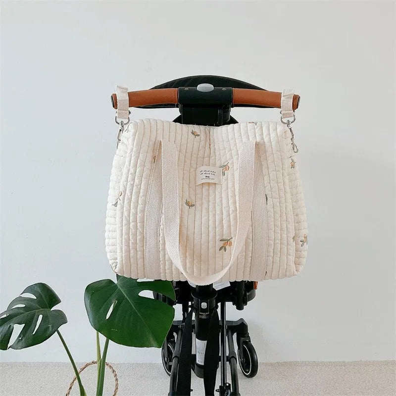 LittleMaylah™ Cute Bear Flower Embroidery Pattern Baby Beige Cotton Fabric Zipper Diaper Handbag New Luggage Bag