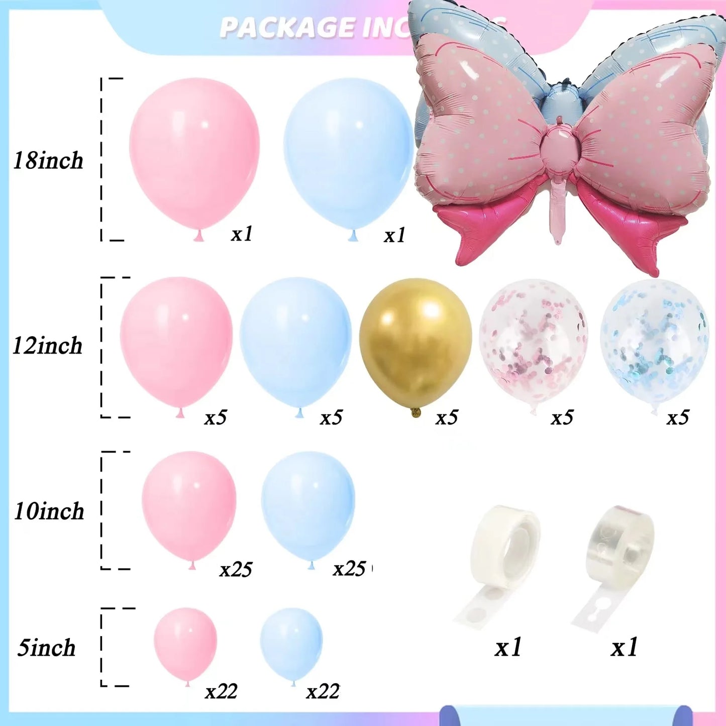 124 Pcs Pink Blue Bow Foil Balloon Garland Arch Set Baby Boy or Baby Girl Birthday Gender Reveal Wedding Party Decoration Balls