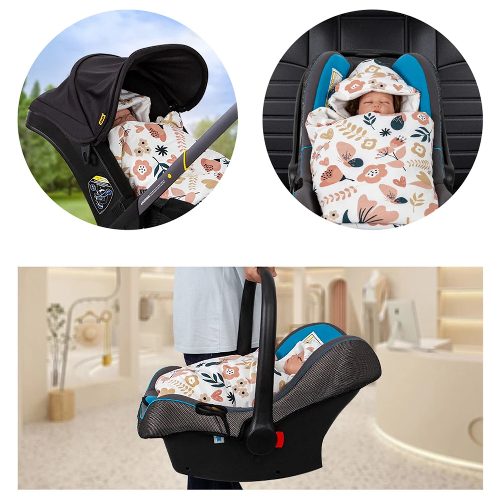 Baby Blanket In Infant Car Seat Soft Cotton Swaddle Wrap With Windproof Hooded Warm For Outside Travel
