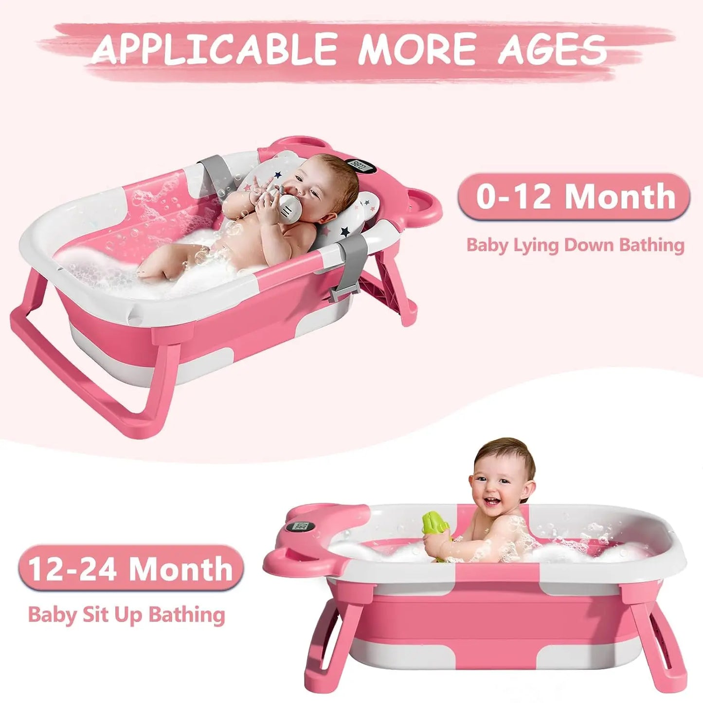 Baby Bathtub for Newborns with Drain Hole, Foldable Toddler Bathtub with Soft Padding, Portable Travel Bathtub