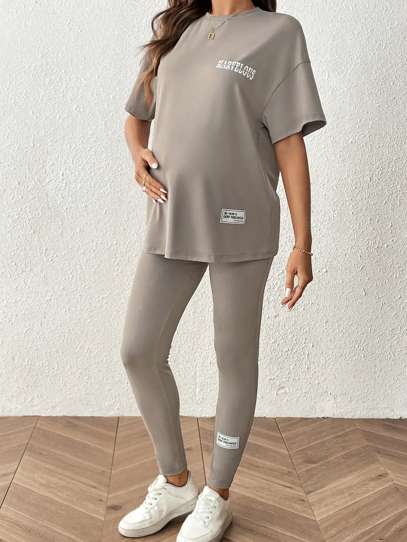 Gray casual pregnant women large size round neck short sleeve nine-point pants home two-piece set