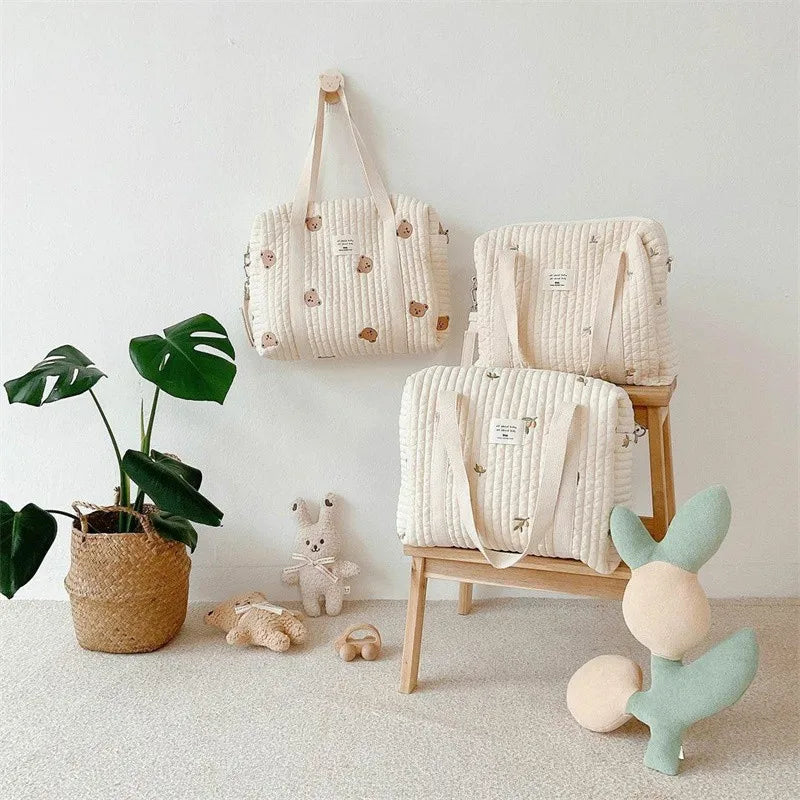LittleMaylah™ Cute Bear Flower Embroidery Pattern Baby Beige Cotton Fabric Zipper Diaper Handbag New Luggage Bag