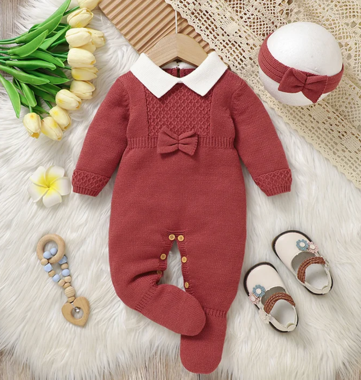 LittleMaylah™ Knitted Baby Girl Romper & Hairband Set