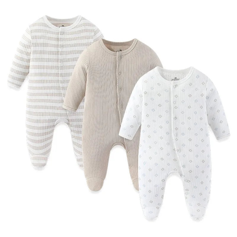 LittleMaylah™ 3pcs Baby Rompers – 100% Cotton, Long Sleeve, Solid Color Newborn Outfit Set (0-12M)
