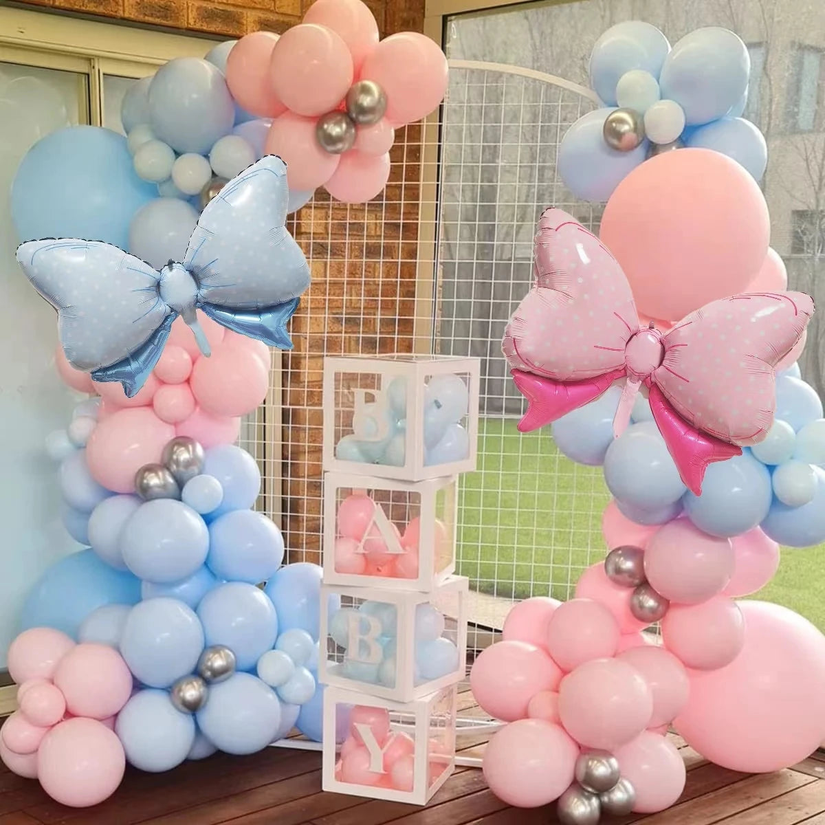 124 Pcs Pink Blue Bow Foil Balloon Garland Arch Set Baby Boy or Baby Girl Birthday Gender Reveal Wedding Party Decoration Balls