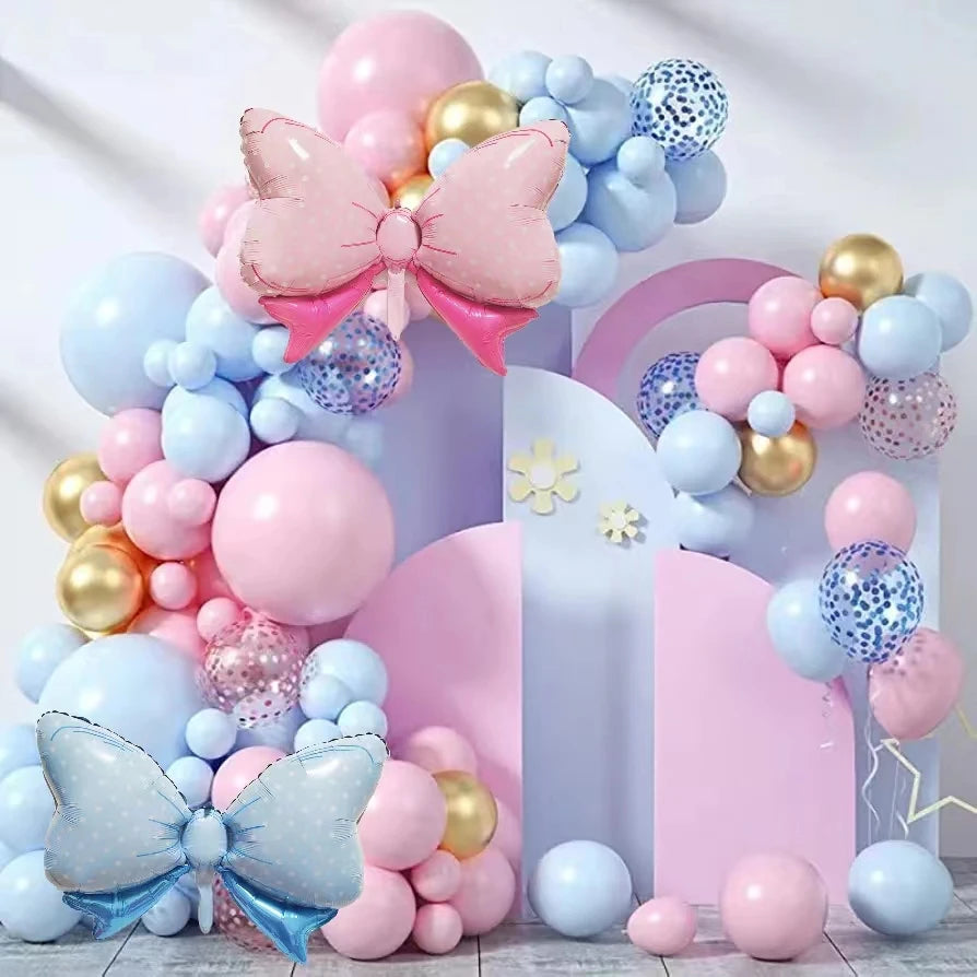 124 Pcs Pink Blue Bow Foil Balloon Garland Arch Set Baby Boy or Baby Girl Birthday Gender Reveal Wedding Party Decoration Balls