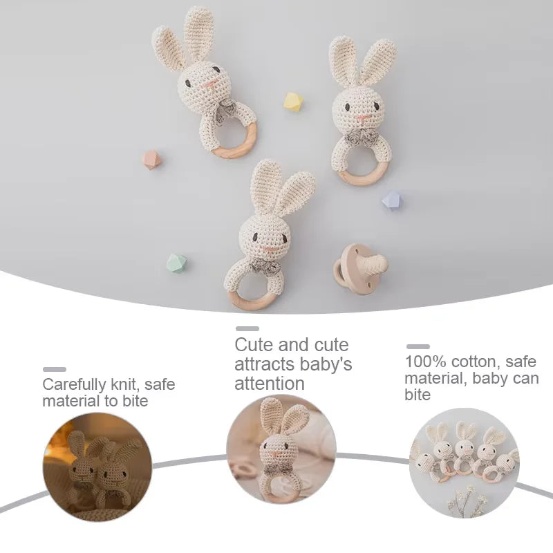LittleMaylah™ Baby Crochet Rattle Wooden Teether Toy BPA Free Wood Rodent Rabbit Rattle Baby Mobile Play Gym Newborn Educational Music Toys
