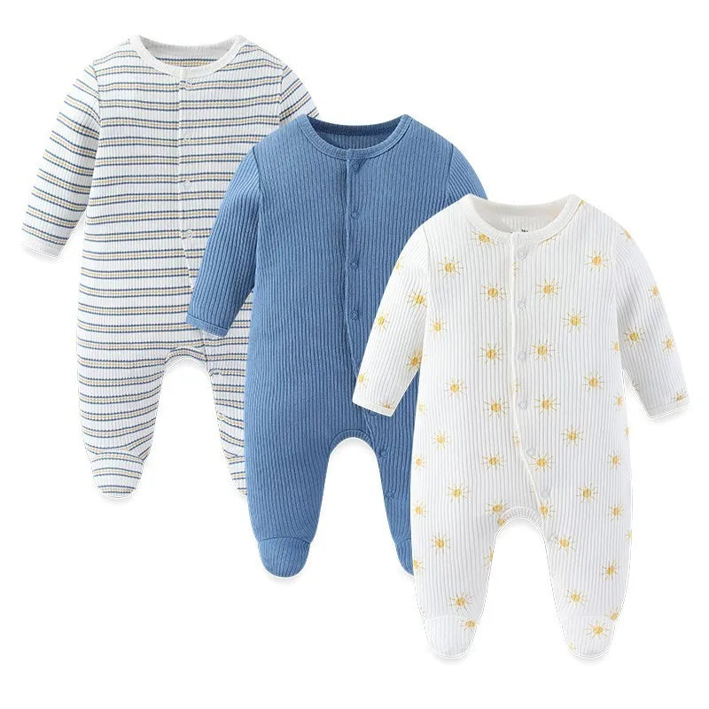 LittleMaylah™ 3pcs Baby Rompers – 100% Cotton, Long Sleeve, Solid Color Newborn Outfit Set (0-12M)