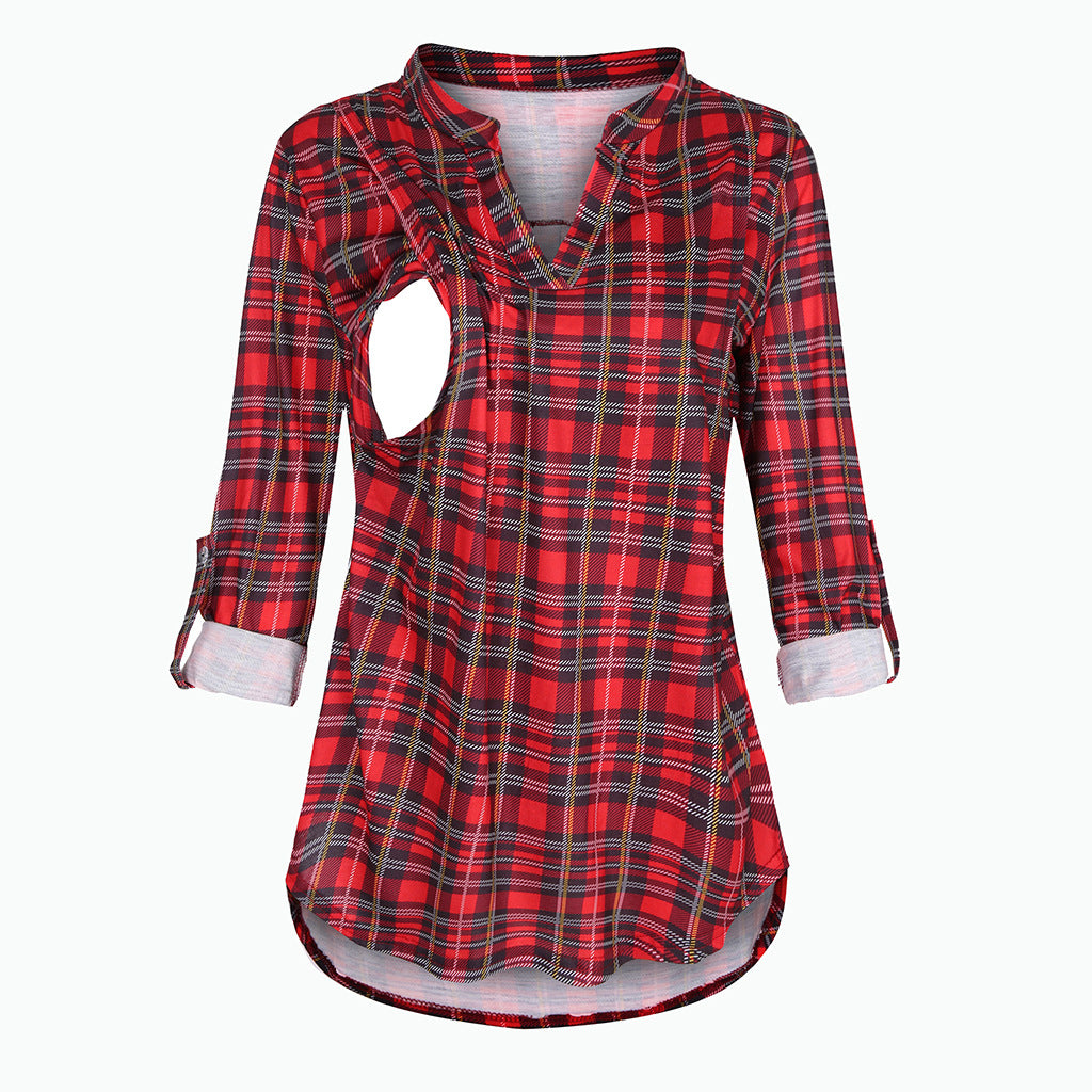 Viviana™ Plaid Printed Pregnant Woman Breastfeeding V-neck Long Sleeve Top
