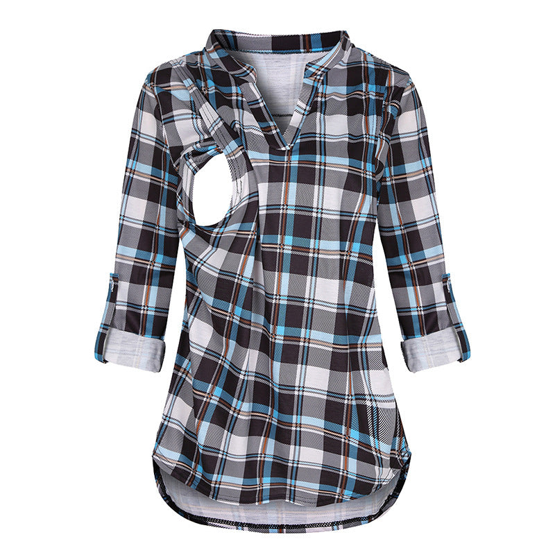 Viviana™ Plaid Printed Pregnant Woman Breastfeeding V-neck Long Sleeve Top