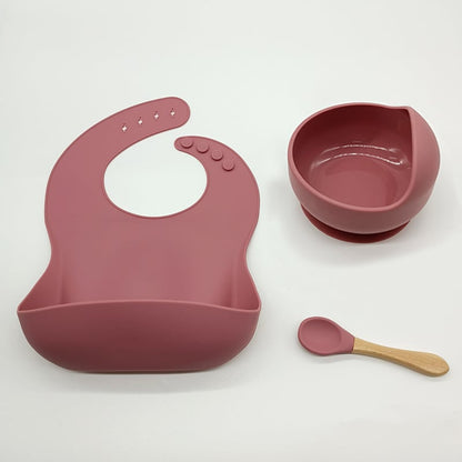 LittleMaylah™ Baby Tableware Set – Silicone Bowl, Bib & Wooden Spoon (3-Piece Set)