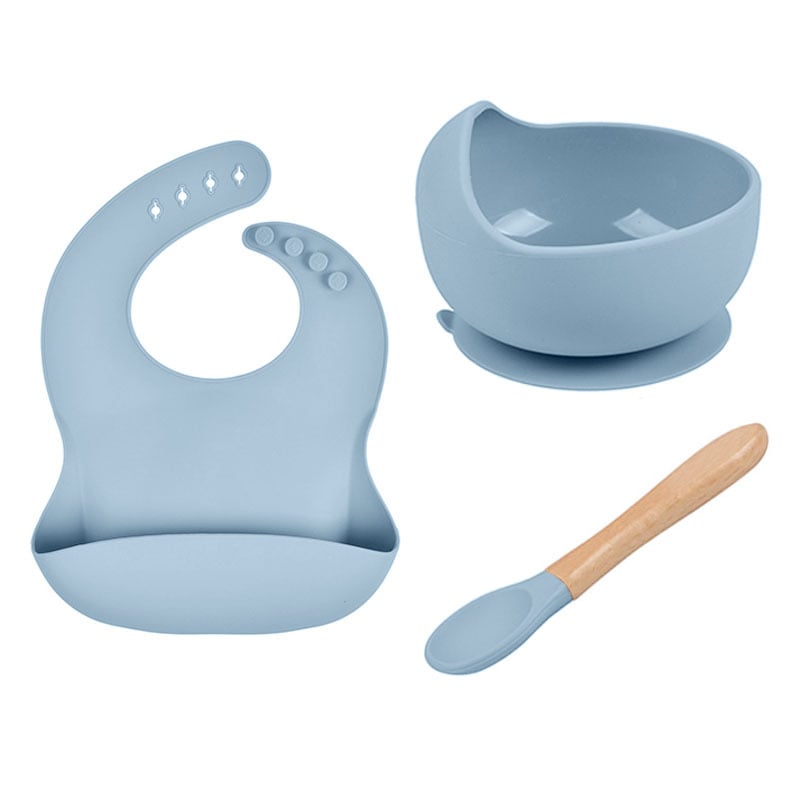 LittleMaylah™ Baby Tableware Set – Silicone Bowl, Bib & Wooden Spoon (3-Piece Set)