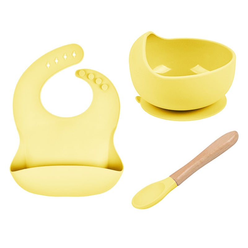 LittleMaylah™ Baby Tableware Set – Silicone Bowl, Bib & Wooden Spoon (3-Piece Set)