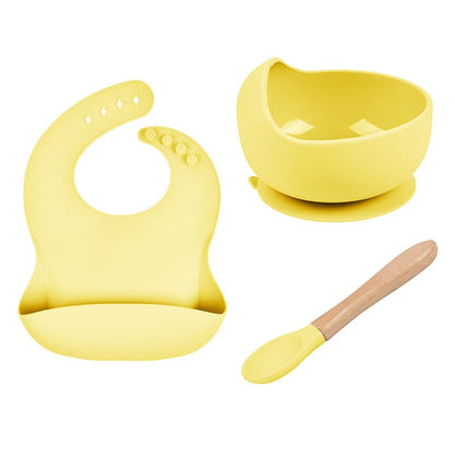 LittleMaylah™ Baby Tableware Set – Silicone Bowl, Bib & Wooden Spoon (3-Piece Set)