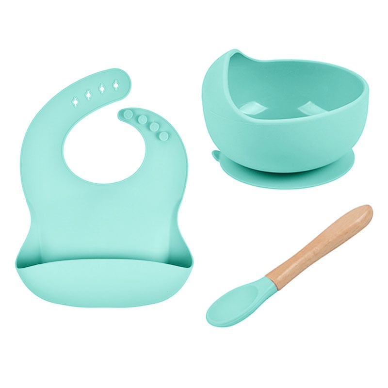 LittleMaylah™ Baby Tableware Set – Silicone Bowl, Bib & Wooden Spoon (3-Piece Set)