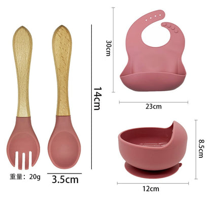 LittleMaylah™ Baby Tableware Set – Silicone Bowl, Bib & Wooden Spoon (3-Piece Set)