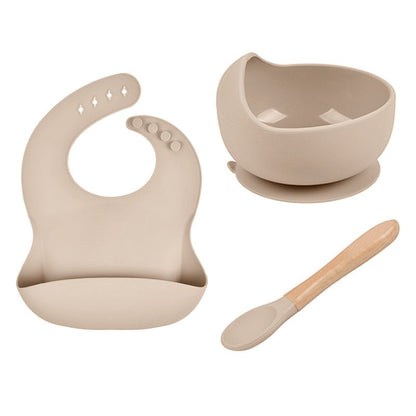 LittleMaylah™ Baby Tableware Set – Silicone Bowl, Bib & Wooden Spoon (3-Piece Set)