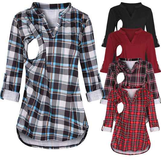 Viviana™ Plaid Printed Pregnant Woman Breastfeeding V-neck Long Sleeve Top