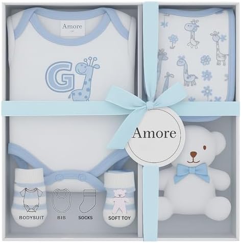 Newborn Baby Gift Set – 4 Piece White Unisex Baby Gift Box with Bodysuit, Bib, Socks & Soft Toy – Newborn Essentials for Baby Shower Gifts, Gener Reveal Gifts, New Baby Gift Hamper (White 0-3 Months)